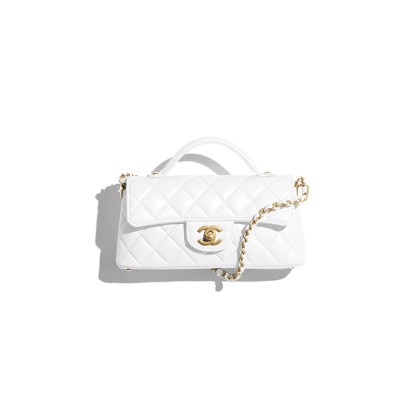 CHANEL MINI FLAP BAG WITH TOP HANDLE LAMBSKIN & GOLD-TONE METAL WHITE AS5354 (20*14*5.5cm)